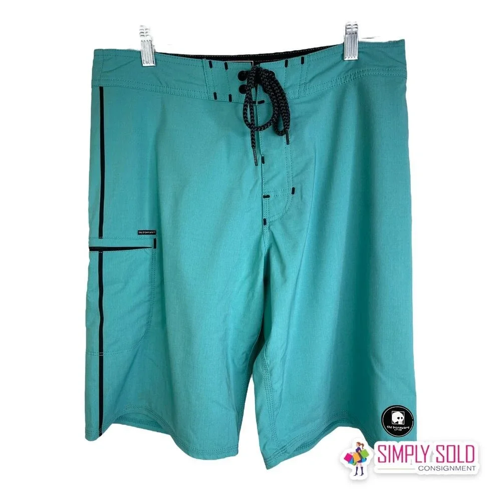 The Boneyard Surf Shop Board Shorts Men 30 Green Side Stripe Lace Up Swim Trunks